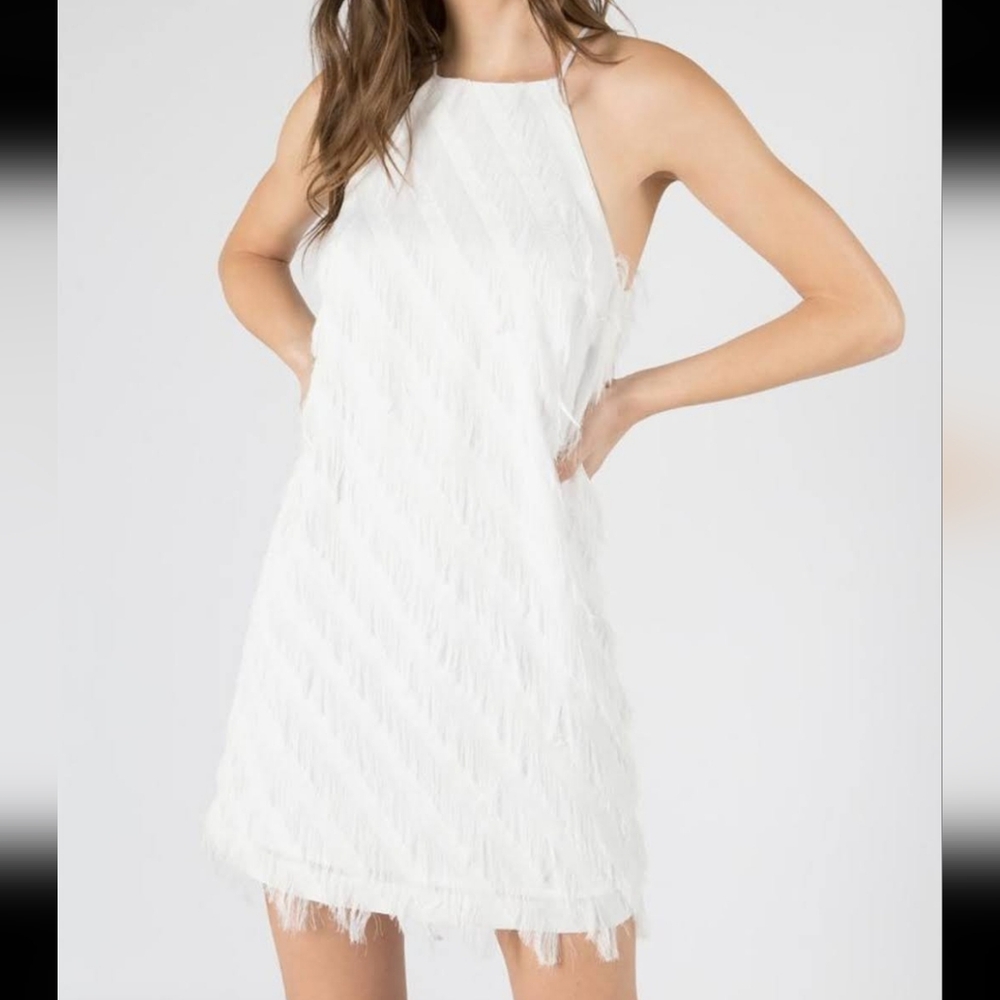 NWT, Small, White Halter-Top Fringed Mini Dress, Adjustable Straps